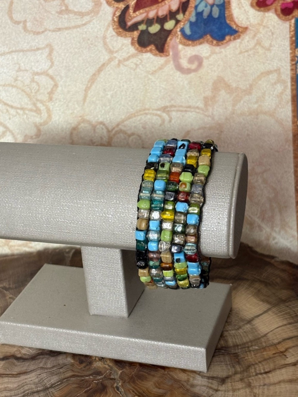 Hand Crafted Multicolor Natural Stone Beaded Wide Band Stretch Bracelet